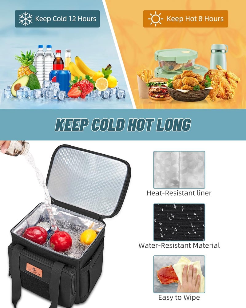 HSHRISH Lunch Box for men, Large Expandable Insulated Lunch Bag, Durable Waterproof Leakproof Tactical Cooler Bag for Adults Men to Work Picnic Beach Day Trips, 24 Cans/16 L, Black - Image 5